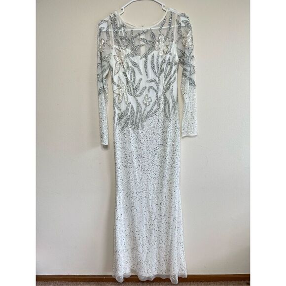 Adrianna Papell Embellished Illusion Gown White Long Sleeve 2 NEW - Picture 3 of 12